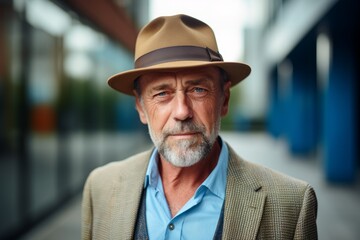 Portrait of a senior man wearing a hat in the city.