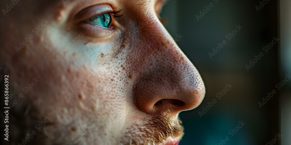 Man's face displaying allergic rhinitis symptoms caused by ...