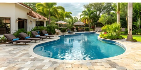 Wall Mural - Tropical Oasis Large Backyard Pool Area with Lounging Chairs. Concept Tropical Paradise, Backyard Oasis, Poolside Retreat, Lounging Chairs, Outdoor Living