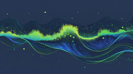 Poster - Abstract green and blue waves with yellow dots on a dark blue background with copy space text for technology, data, and abstract design.