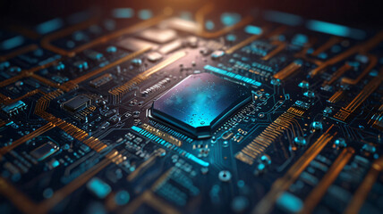Poster - Close-up of a blue and gold circuit board with a central processor unit with copy space text for technology, computer, and electronics design.