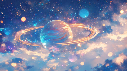 Poster - A blue and pink galaxy with a planet with rings and stars with copy space text for space, astronomy, and design.