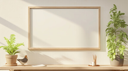 Poster - A wooden table with a framed poster, potted plants, and a bird figurine with copy space text for interior design, home decor, and minimalist design.