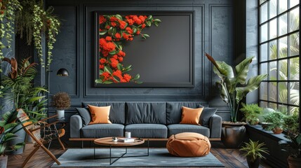 Poster - Modern Living Room Interior Design with Dark Walls and Greenery