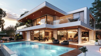 Wall Mural - Modern Two-Story House With Swimming Pool