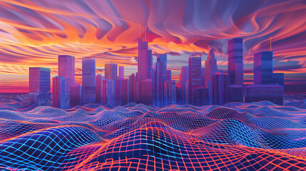 Poster - A futuristic city skyline with a grid pattern and a colorful sunset with copy space text for city, futuristic, and abstract design.