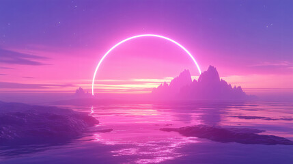 Poster - A pink neon circle over a mountain range with a pink and purple sky and a reflective body of water with copy space text for abstract, nature, and futuristic design.