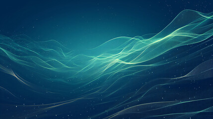 Poster - Abstract green and blue waves with white dots on a dark blue background with copy space text for technology, data, and abstract design.