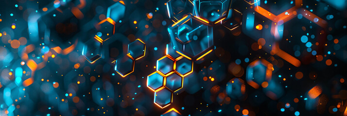 Poster - A dark blue background with glowing orange and blue hexagons with copy space text for technology, abstract, and design.