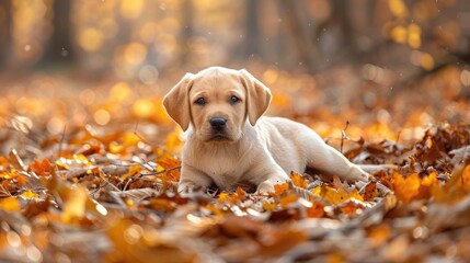 Poster - Labrador Retriever Puppy Portrait in Autumn Forest