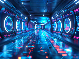 Poster - Futuristic blue and red technology corridor with copy space text for science fiction, technology, and future design.
