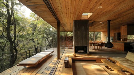 Wall Mural - Modern Wooden Cabin with Forest Views