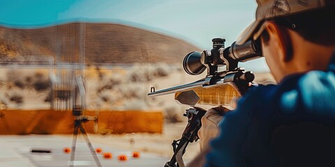 marksman shooting a well-crafted, classic rifle at targets on a shooting range