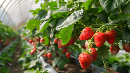 Strawberries growing in a green farm plantation. .