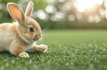 Cute baby rabbit lying on green grass in the sunshine, showing its fluffy fur and long ears, perfect for springtime or nature-themed imagery.