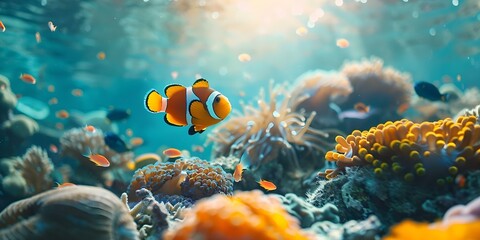 Wall Mural - Exploring a Lively Tropical Reef Colorful Fish and Coral in a Clear Ocean. Concept Underwater Photography, Marine Life, Coral Reefs, Colorful Fish, Ocean Ecosystem