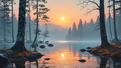 Canvas Print - Misty Sunset Over a Lake in the Forest.