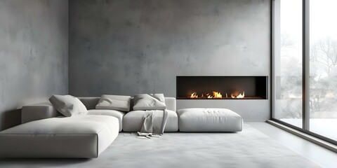 Wall Mural - Minimalist modern living room with concrete walls and fireplace. Concept Modern Interior Design, Concrete Wall Decor, Minimalist Living Room, Fireplace Design