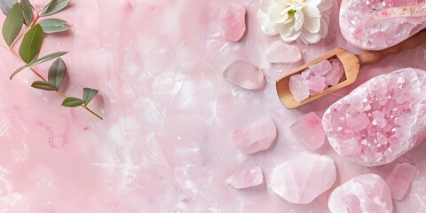 Rose quartz facial massage kit with gua sha tools pink pastel background. Concept Skincare, Rose Quartz, Facial Massage, Gua Sha Tools, Pink Pastel Background