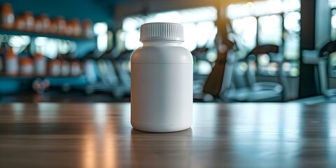 Wall Mural - White dietary supplement bottle in gym with blurred background copy space. Concept Dietary Supplement, Gym, White Bottle, Blurred Background, Copy Space