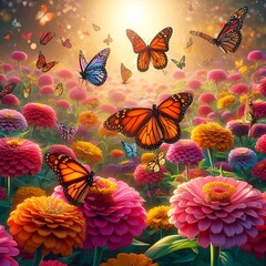 Wall Mural - Field of colorful flowers with butterflies gracefully soaring.