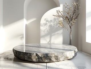 Wall Mural - Minimalist gray template featuring a concave granite pedestal, light background and elegant design