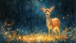 © Art Resources - Watercolor painting of a deer in a forest glade with fireflies, copy space banner, vintage background
