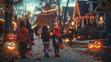 A group of children dressed in creative and colorful Halloween costumes, trick-or-treating in a neighborhood with decorated houses.