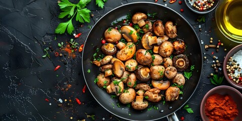 Wall Mural - Overhead shot of frying wild mushrooms with spices butter and herbs. Concept Food Photography, Cooking Process, Ingredients, Culinary Art, Gastronomy