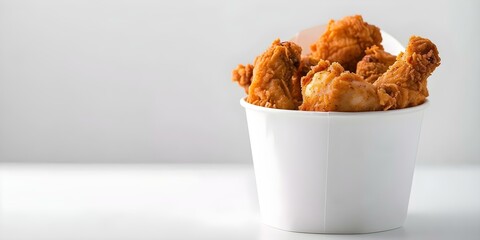 Wall Mural - Golden brown fried chicken in a bucket on a white background. Concept Food Photography, Fried Chicken, Presentation, Golden Brown, White Background