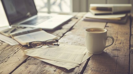 Wall Mural - Items on wooden table computer glasses coffee cup paper