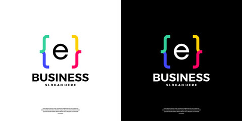 Colorful coding logo icon. Letter E logo with modern code programing symbol logo design.