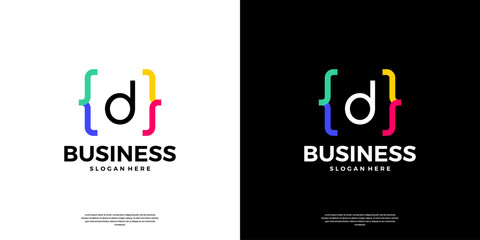 Colorful coding logo icon. Letter D logo with modern code programing symbol logo design.