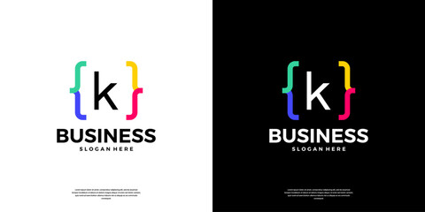 Colorful coding logo icon. Letter K logo with modern code programing symbol logo design.