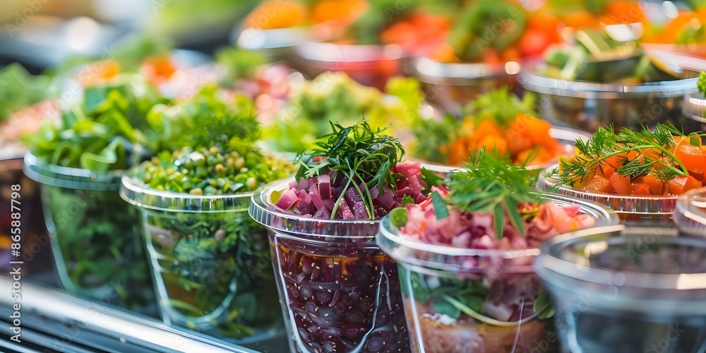 Colorful appetizers on display in grocery store with fresh herbs on top ...