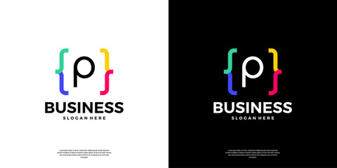 Colorful coding logo icon. Letter P logo with modern code programing symbol logo design.