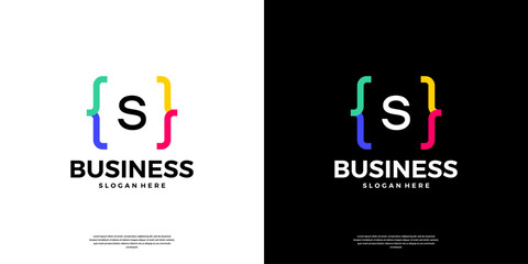 Colorful coding logo icon. Letter S logo with modern code programing symbol logo design.