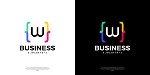 Colorful coding logo icon. Letter W logo with modern code programing symbol logo design.