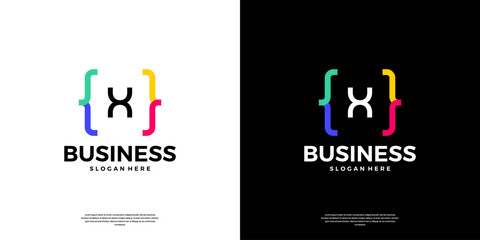 Colorful coding logo icon. Letter X logo with modern code programing symbol logo design.