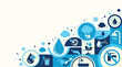 © Deemerwha - concept of water saving tips icon infographic. Save water, save earth and go green, environment protection campaign concept. on the blue background.