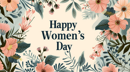 Wall Mural - Women day illustration background with wallpaper written Happy Women’s day in middle of flowers with muted colors