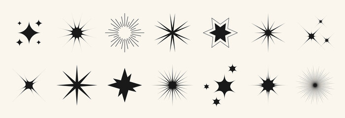 Poster - Blinking stars, sparks and sparkles set. Shining twinkle sunburst shapes collection. Magic light flare pack for design template, poster, banner, brochure, leaflet. Vector glint glitter symbols