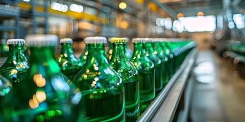 Wall Mural - Green glass bottle production line at a bottling plant. Concept Bottling Plant, Green Glass Bottles, Production Line, Manufacturing Process, Quality Control