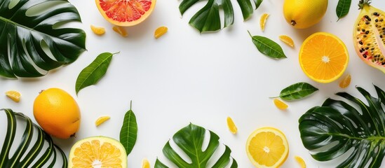 Canvas Print - Tropical leaves and fruits on white background in a summer flat lay with space for text