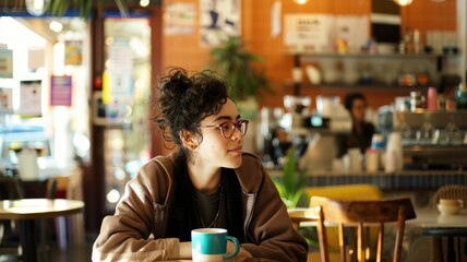 A young woman is enjoying a cup of coffee at a wooden table in a cozy coffee shop, surrounded by a relaxed atmosphere AIG58