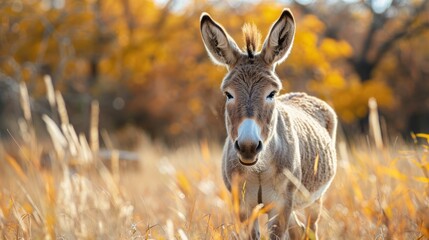 Wall Mural - Portrait of a Donkey with a Funny Face in the Field 