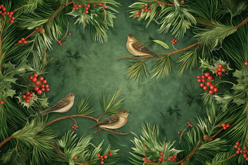 A green background with three birds on a branch