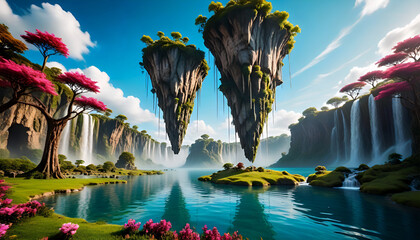 Panoramic landscape unfolds a majestic river winding through a lush green forest under a clear summer sky Generative AI