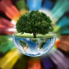 glass globe ball with tree growing and green nature blur background. eco earth day concept