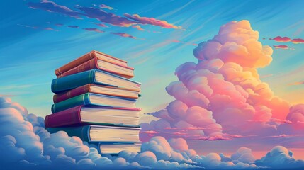 Wall Mural - Stacked books illustration, bright sky with clouds, Colorful, Digital Art, Vibrant and whimsical, High detail, Dreamlike setting